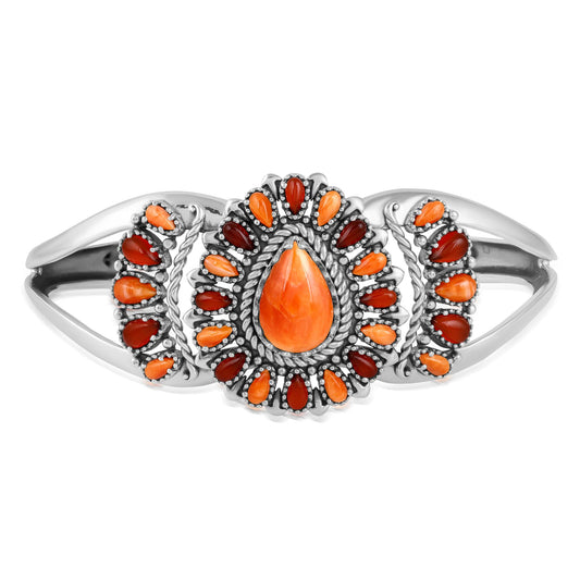 LIMITED EDITION! Sterling Silver Orange Spiny Oyster and Red Onyx Pear Cluster Cuff Bracelet