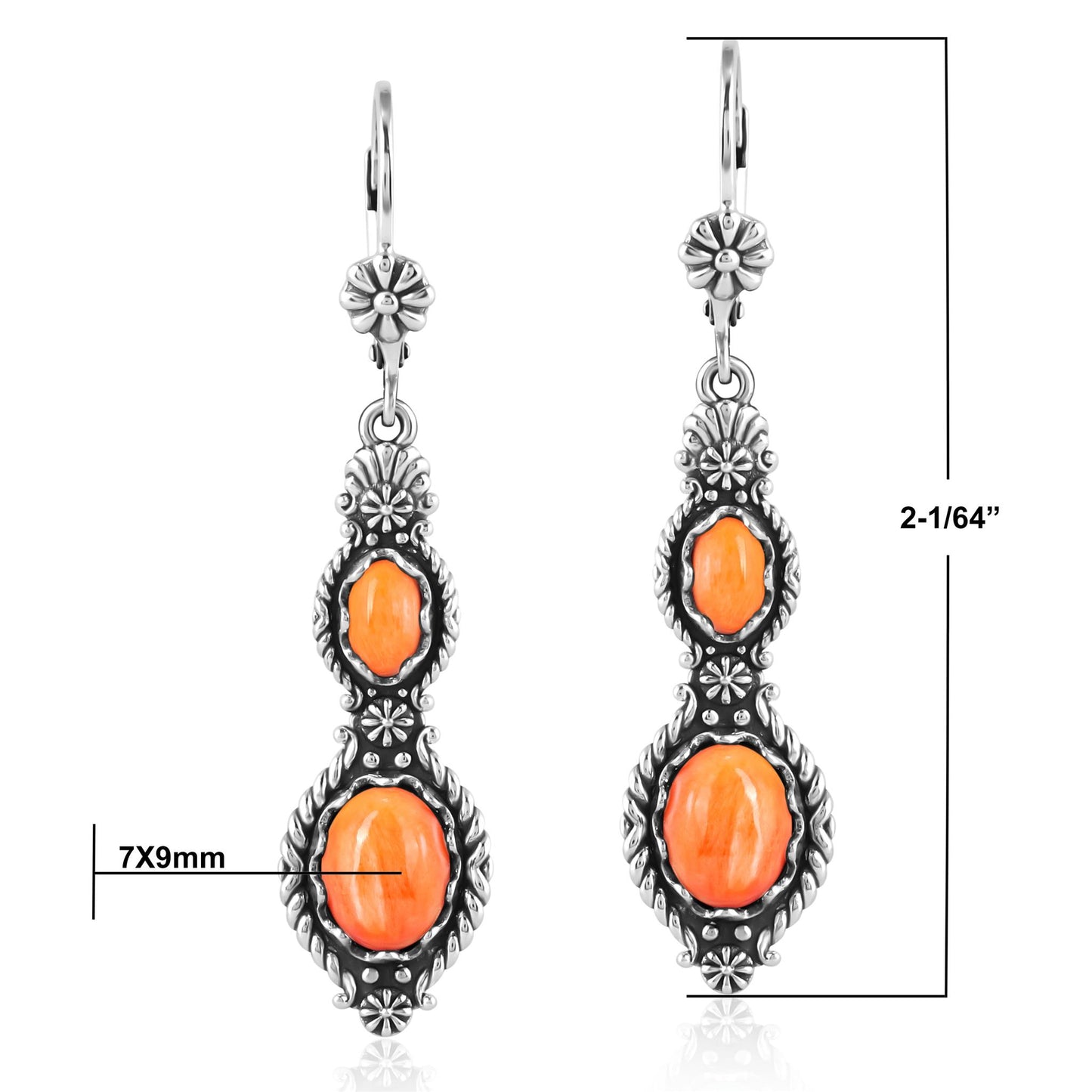 Sterling Silver Orange Spiny Oyster Oval Cut Dangle Earrings