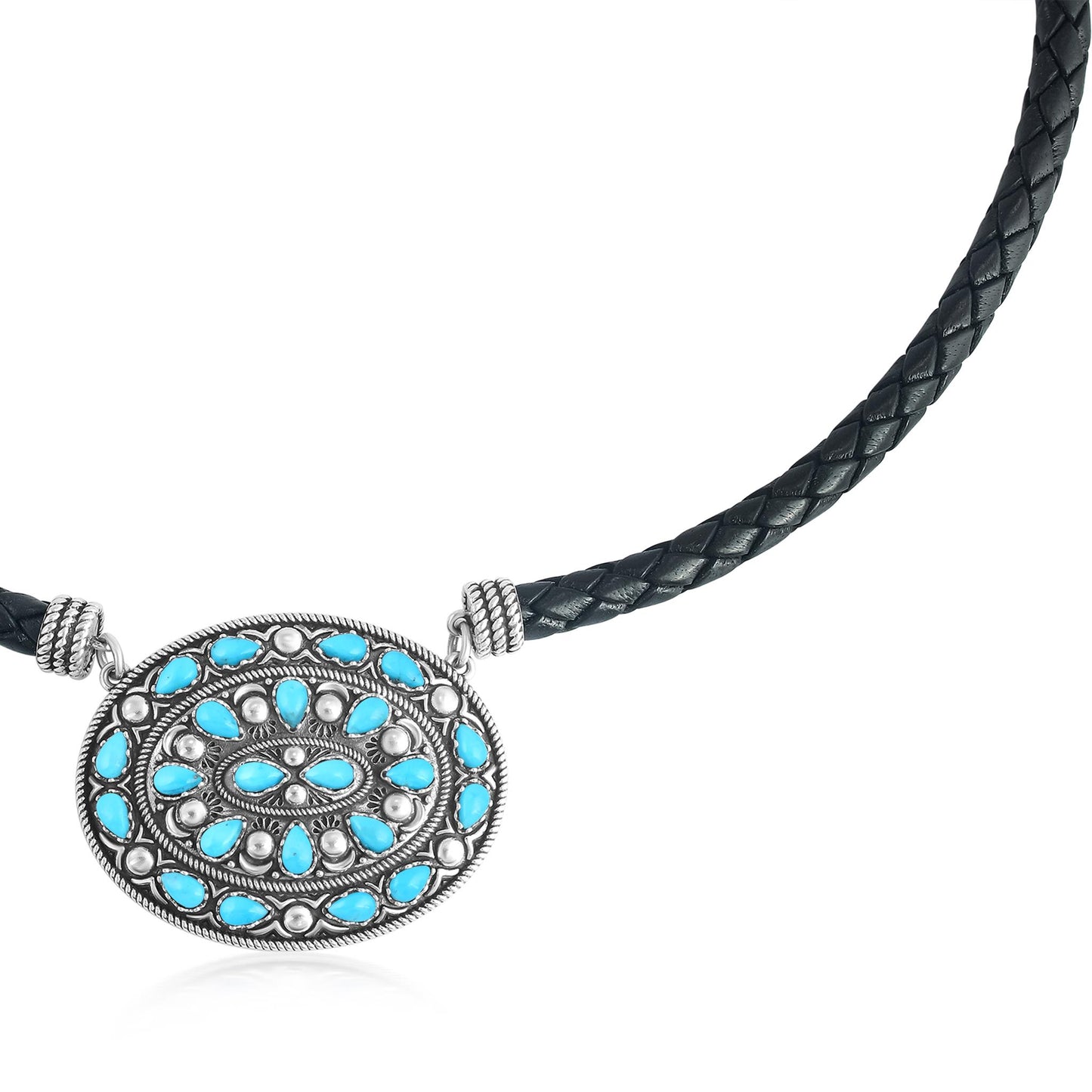 Sterling Silver Kingman Turquoise Oval Pendant Black Leather Necklace