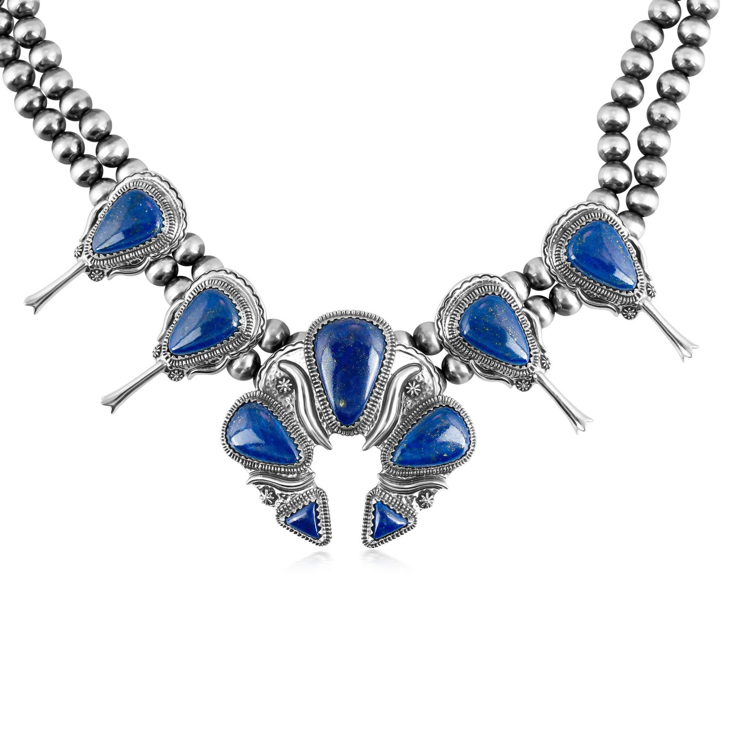 EXCLUSIVELY OURS! Sterling Silver Lapis Large Naja Squash Blossom Necklace, 21 to 24 Inches