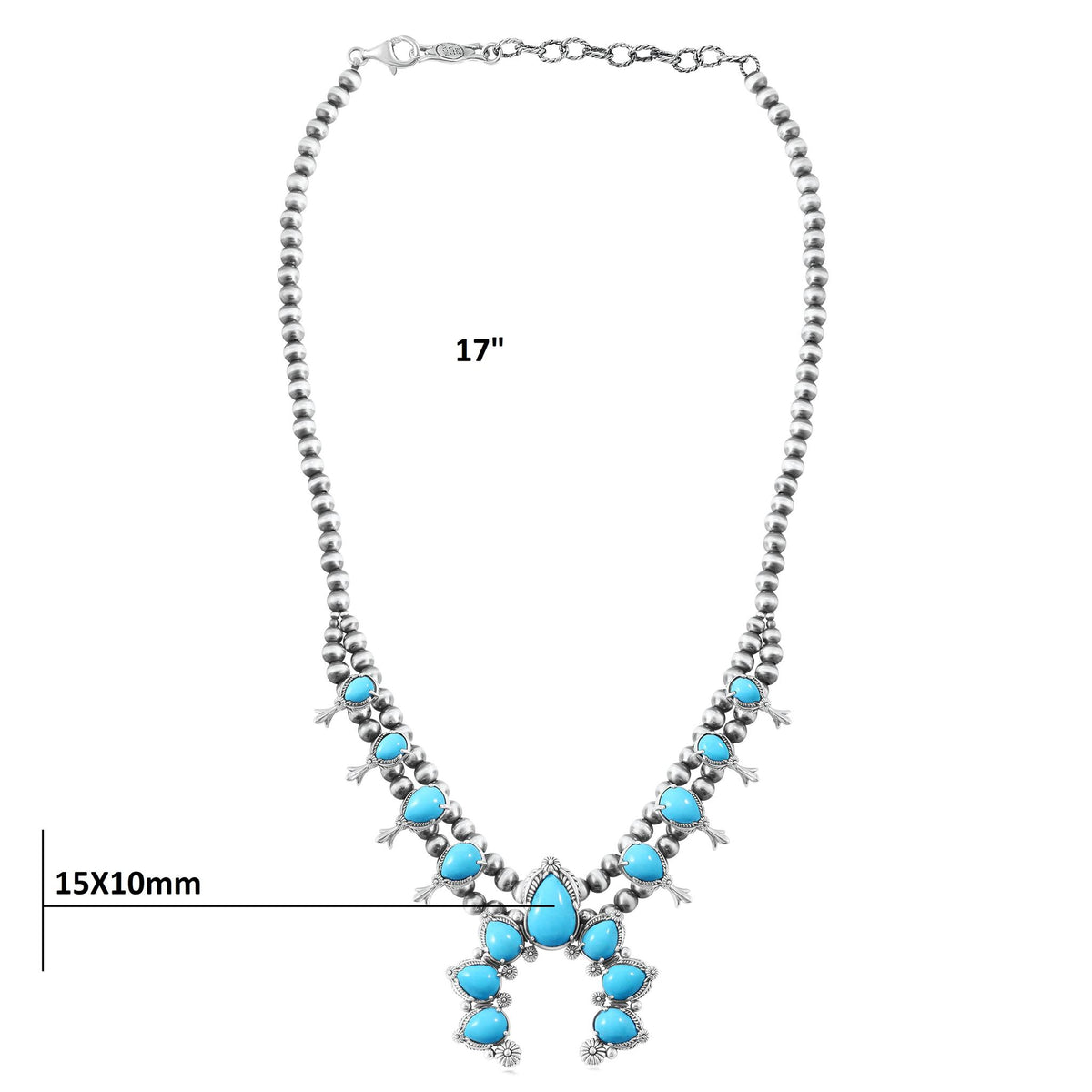 Sterling Silver Kingman Turquoise 8-Station Pear Squash Blossom Necklace, 17 to 20 Inches