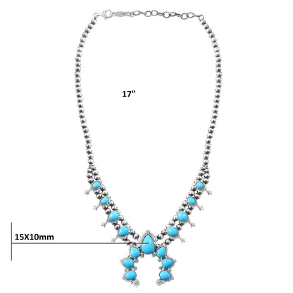 Sterling Silver Kingman Turquoise 8-Station Pear Squash Blossom Necklace, 17 to 20 Inches
