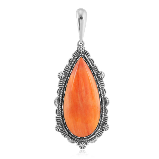 Sterling Silver Orange Spiny Oyster Teardrop Bordered Design Pendant Enhancer