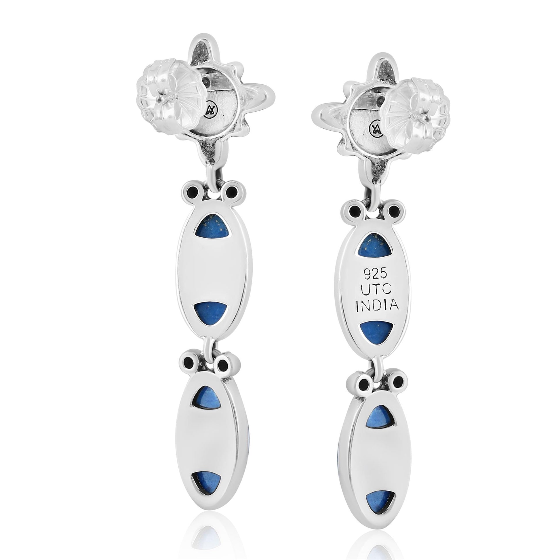 Sterling Silver Denim Lapis Oval Concha Dangle Earrings 