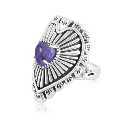 Sterling Silver Charoite Bold Heart Ring, Sizes 5 to 10