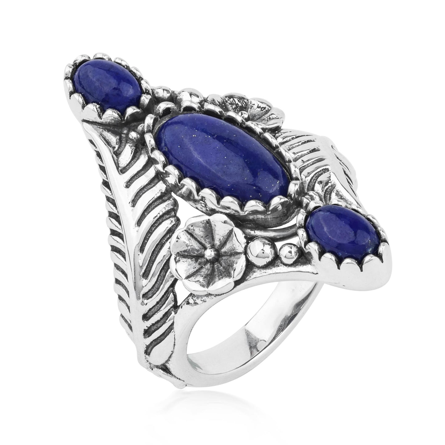 Sterling Silver Lapis Oval Leaf and Vine Ring