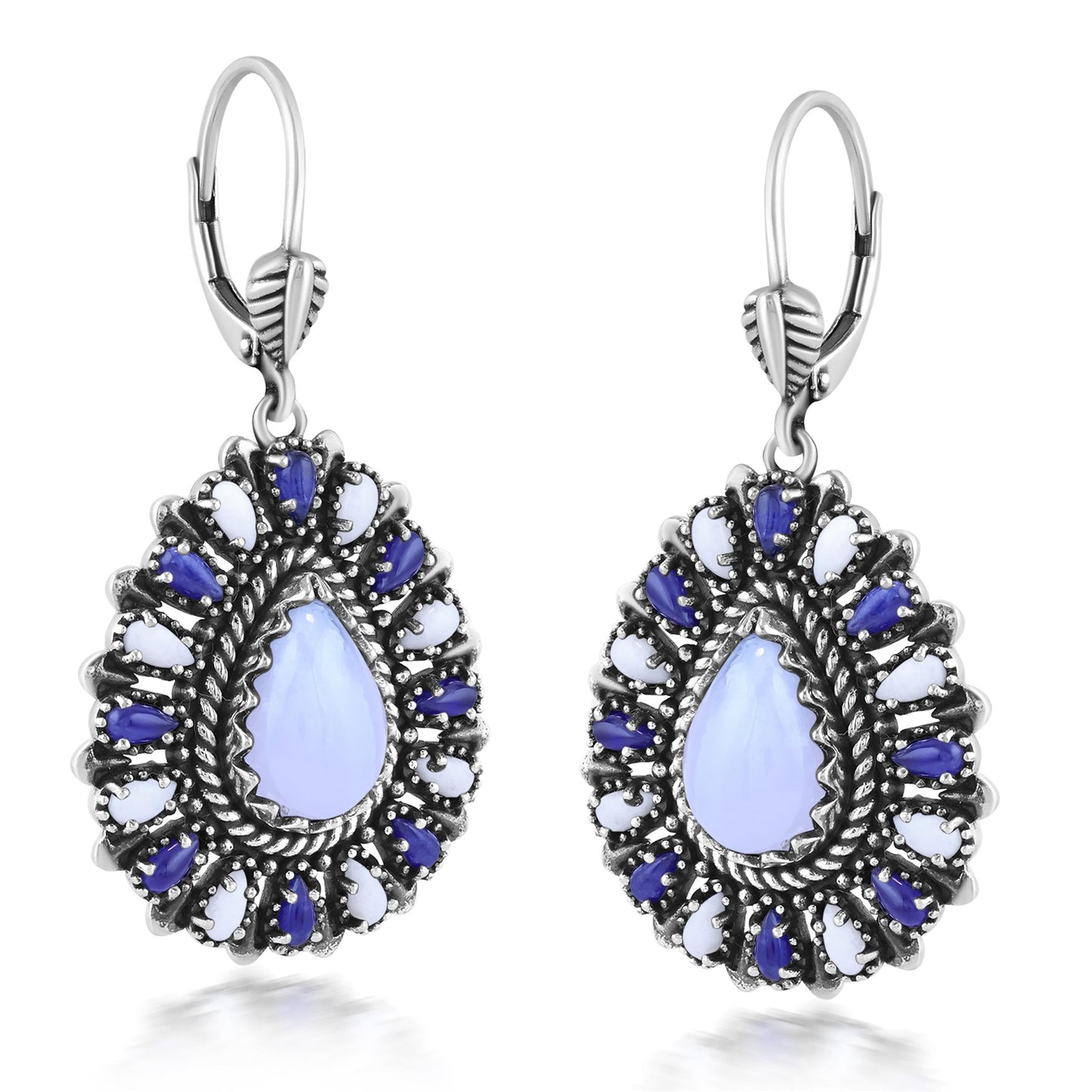 Sterling Silver Blue Lace Agate, Sodalite, and White Agate Cluster Pear Shaped Dangle Earrings