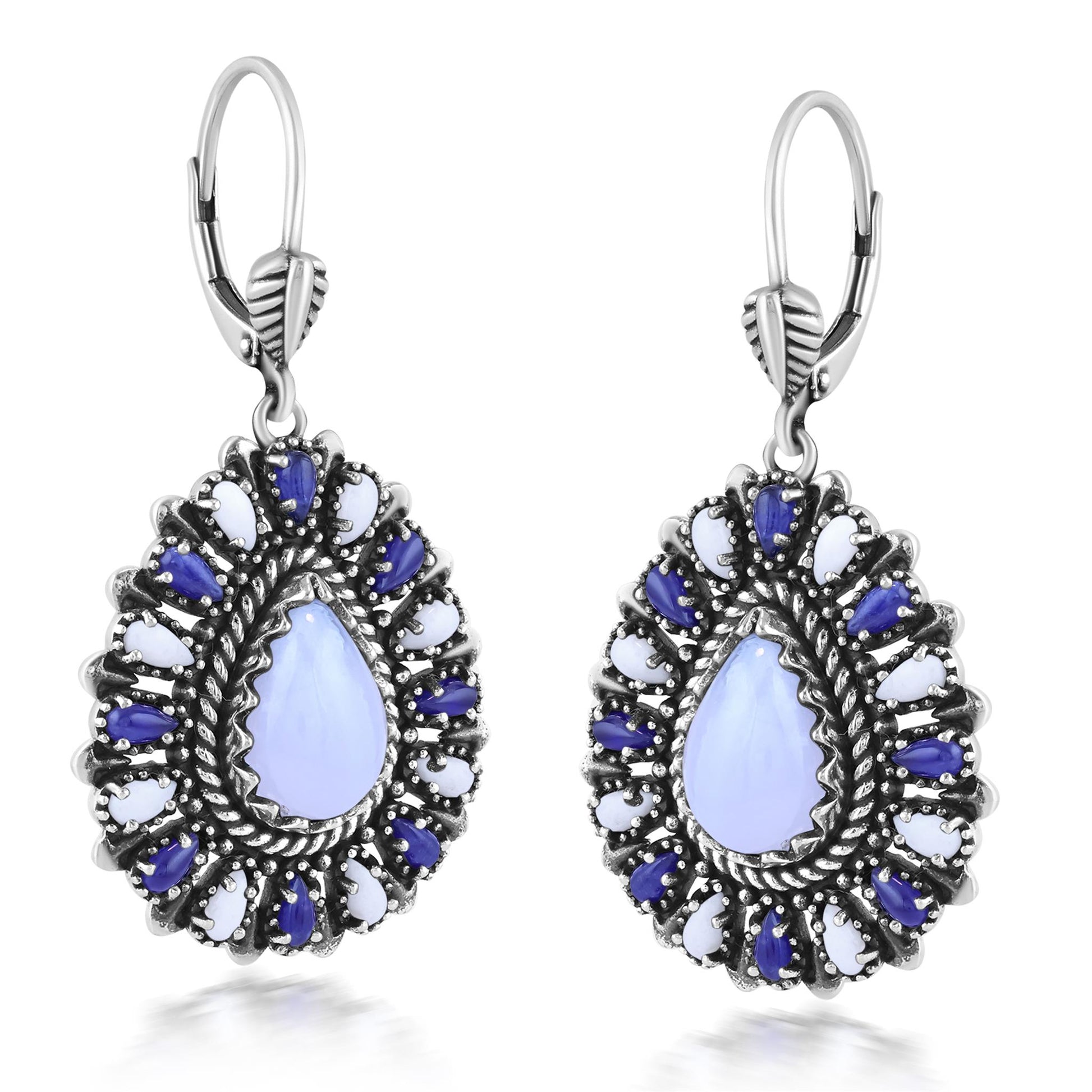 Sterling Silver Blue Lace Agate, Sodalite, and White Agate Cluster Pear Shaped Dangle Earrings