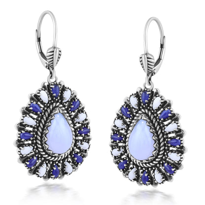 Sterling Silver Blue Lace Agate, Sodalite, and White Agate Cluster Pear Shaped Dangle Earrings