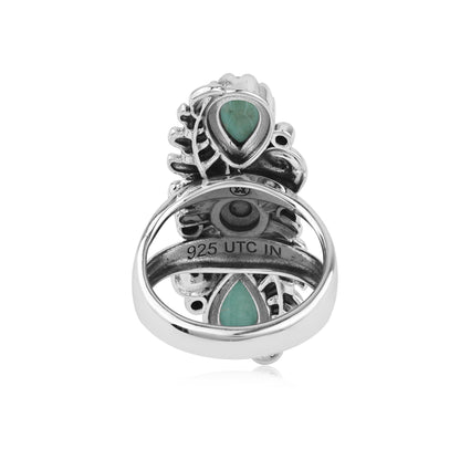 Sterling Silver Green Turquoise Pear-Cut Leaf and Flower Ring