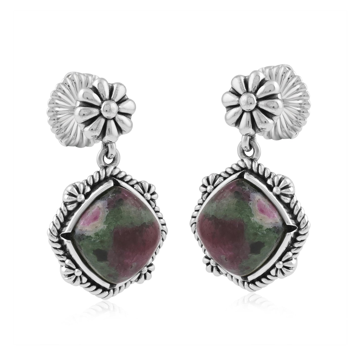 Sterling Silver Ruby Zoisite Cushion-Cut Concha Flower Post Earrings 