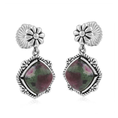 Sterling Silver Ruby Zoisite Cushion-Cut Concha Flower Post Earrings 