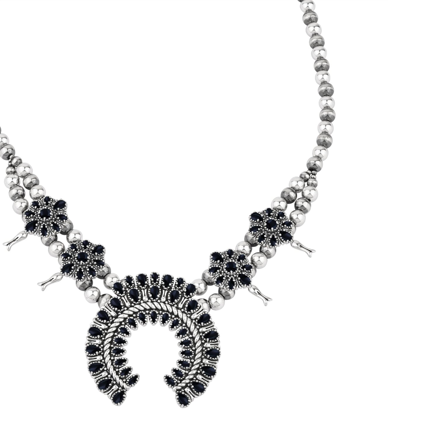 Sterling Silver Black Onyx Petit Point Naja Squash Blossom Necklace