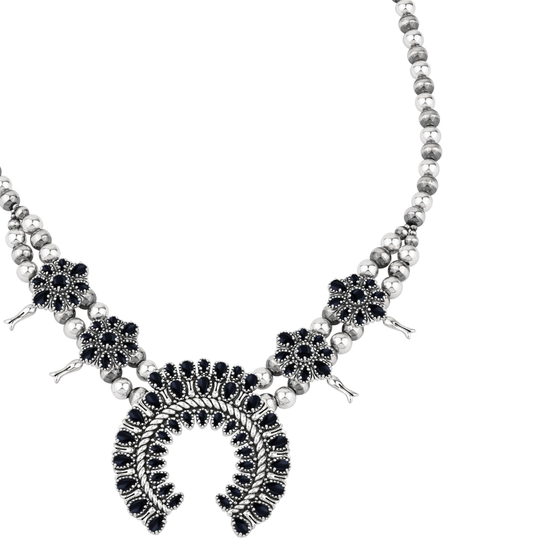  Sterling Silver Black Onyx Petit Point Naja Squash Blossom Necklace