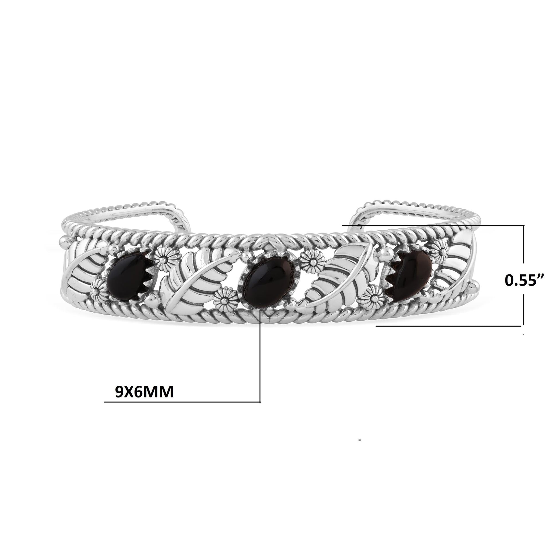  Sterling Silver Black Onyx Oval and Pear Leaf Cuff Bracelet