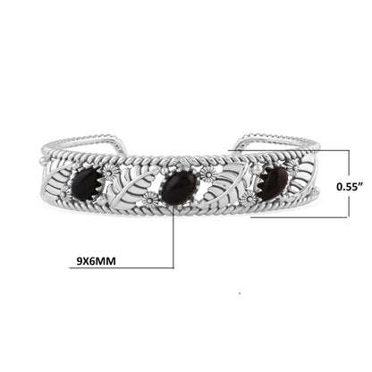  Sterling Silver Black Onyx Oval and Pear Leaf Cuff Bracelet