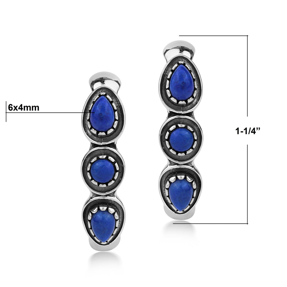 Sterling Silver Lapis Pear and Round Cut Hoop Earrings