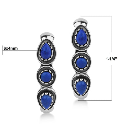Sterling Silver Lapis Pear and Round Cut Hoop Earrings