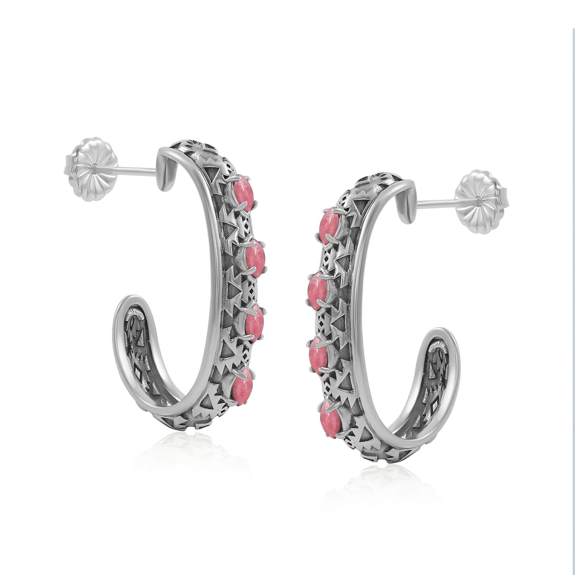 Sterling Silver Rhodonite Patterned J-Hoop 1 Inch Earrings 