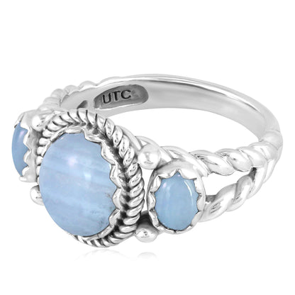 Sterling Silver Blue Lace Agate 3-Stone Ring, Sizes 5 to 11