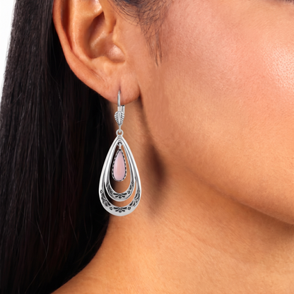 Sterling Silver Pink Opal Open Teardrop Lever Back Earrings
