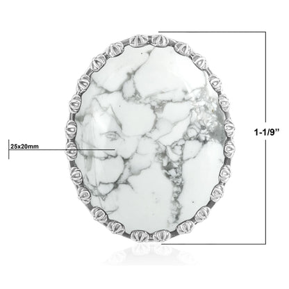 Sterling Silver White Howlite Concha Flower Border Oval Cut Ring