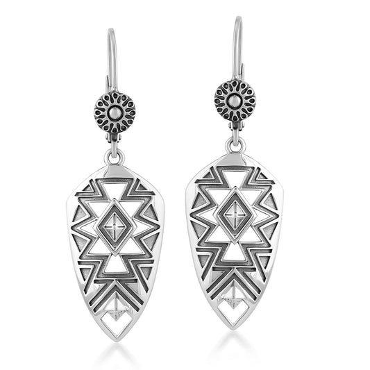Sterling Silver Patterned Dangle Lever Back Earrings 