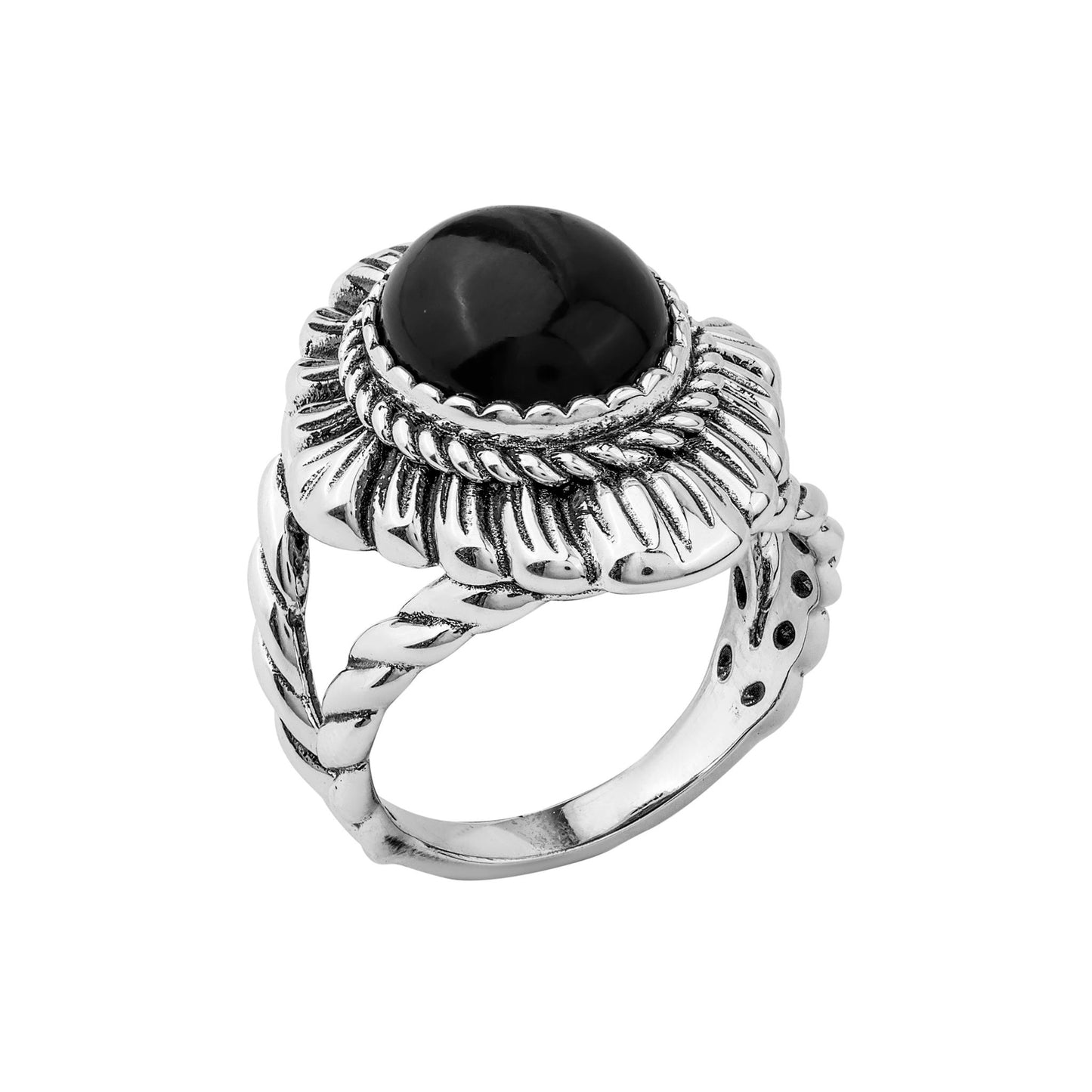 Sterling Silver Black Agate Oval-Cut Rope Scallop Design Ring