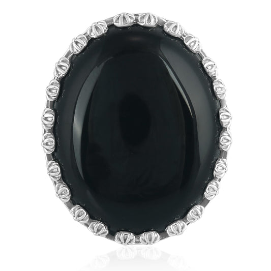 Sterling Silver Black Onyx Concha Flower Border Oval Cut Ring