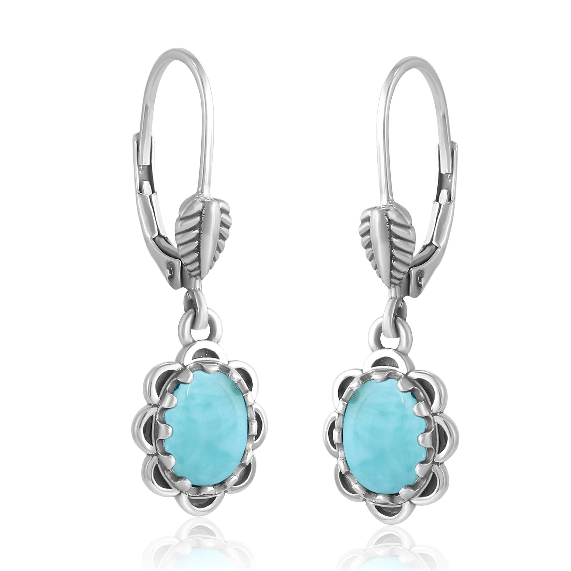 Sterling Silver Larimar Concha Lever Back Dangle Earrings
