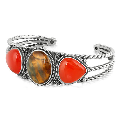 Sterling Silver Trillion Shaped Pietersite and Red Onyx Cuff Bracelet