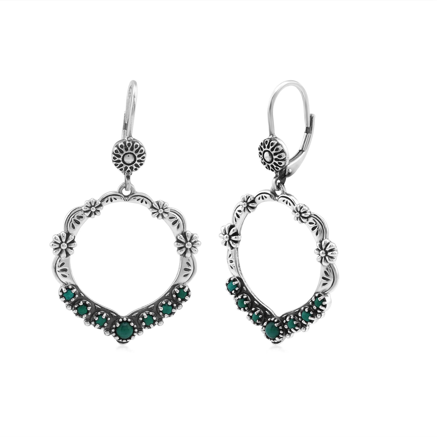 Sterling Silver Malachite Open Hoop Concha Lever Back Earrings