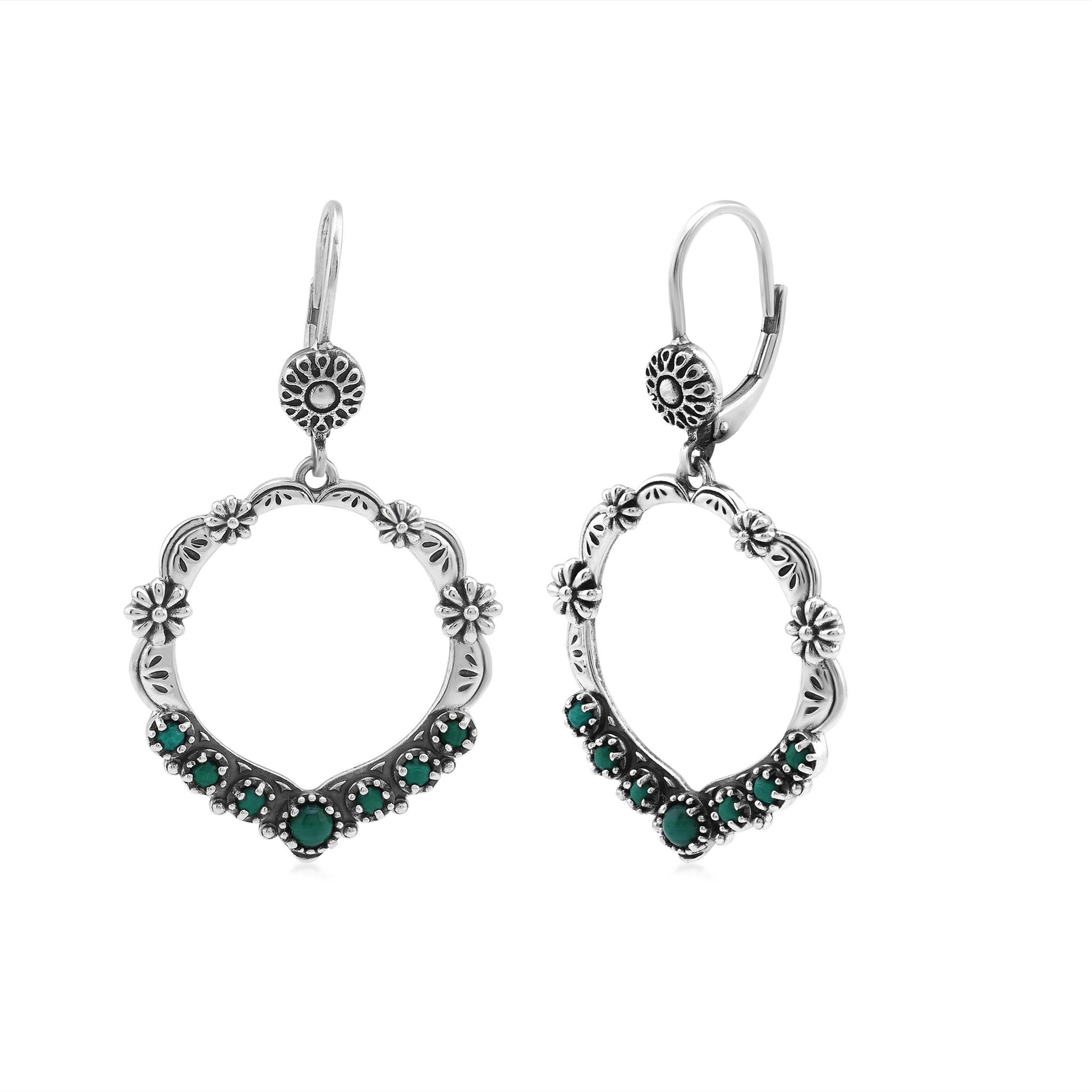 Sterling Silver Malachite Open Hoop Concha Lever Back Earrings
