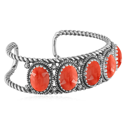 Sterling Silver Red Spiny Oyster Gemstone Rope Design 5-Stone Cuff Bracelet, Sizes Small to Large
