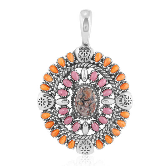 Sterling Silver Leopard Jasper, Orange Spiny Oyster and Rhodonite Oval Floral Cluster Pendant Enhancer