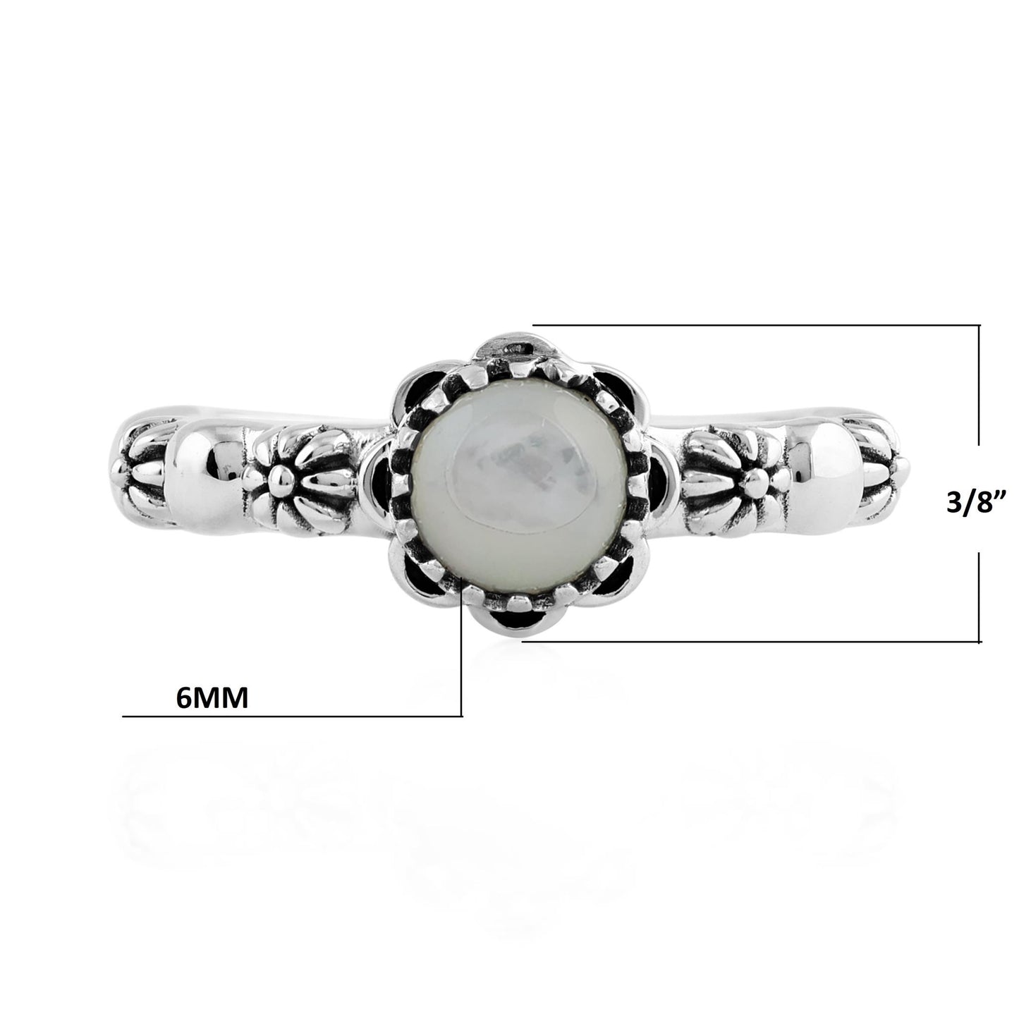 Sterling Silver White Mother of Pearl Single Row Concha Flower Ring
