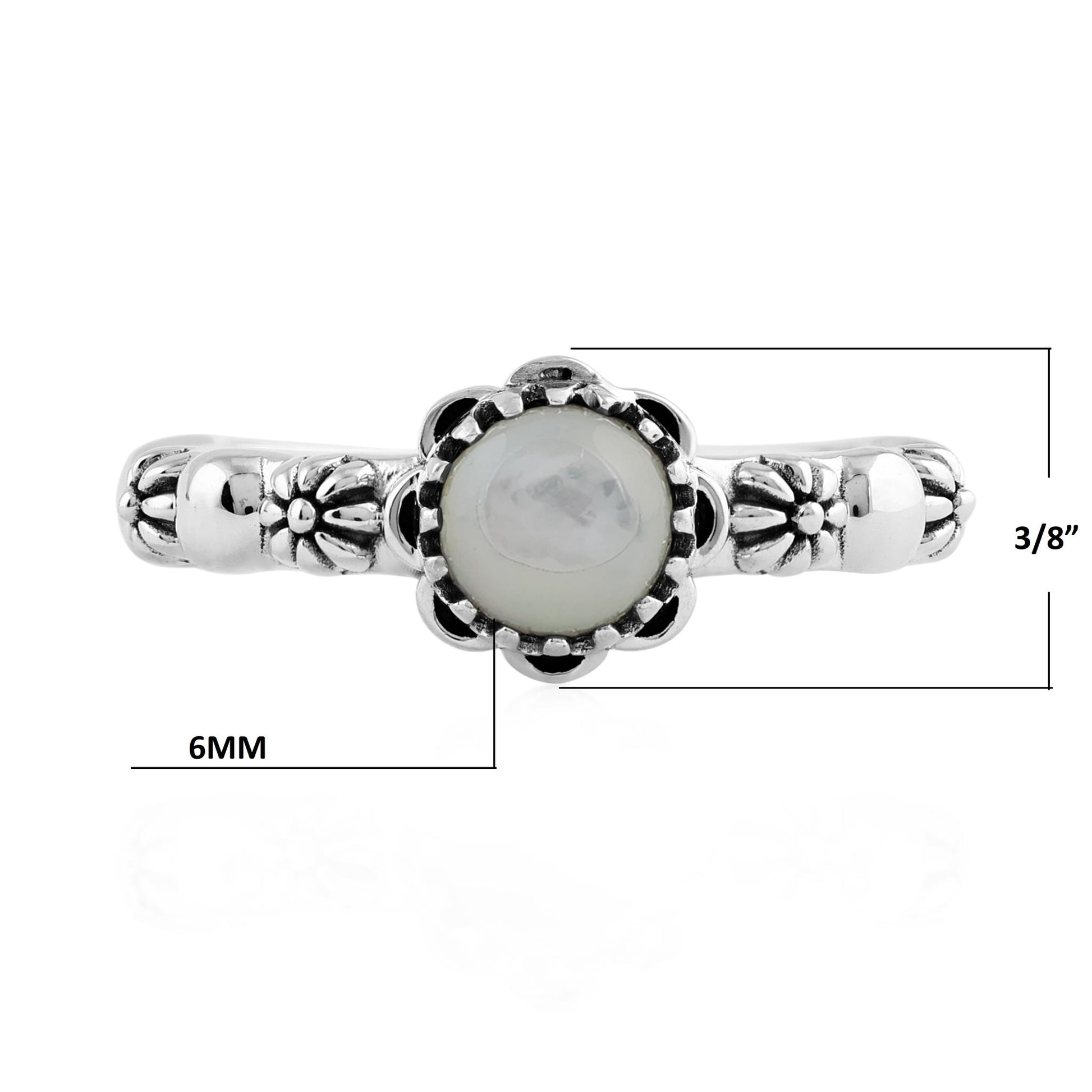  Sterling Silver White Mother of Pearl Single Row Concha Flower Ring