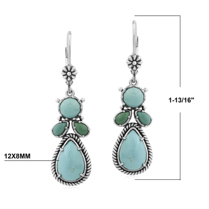 Sterling Silver Kingman and Green Turquoise Cluster Lever Back Earrings 
