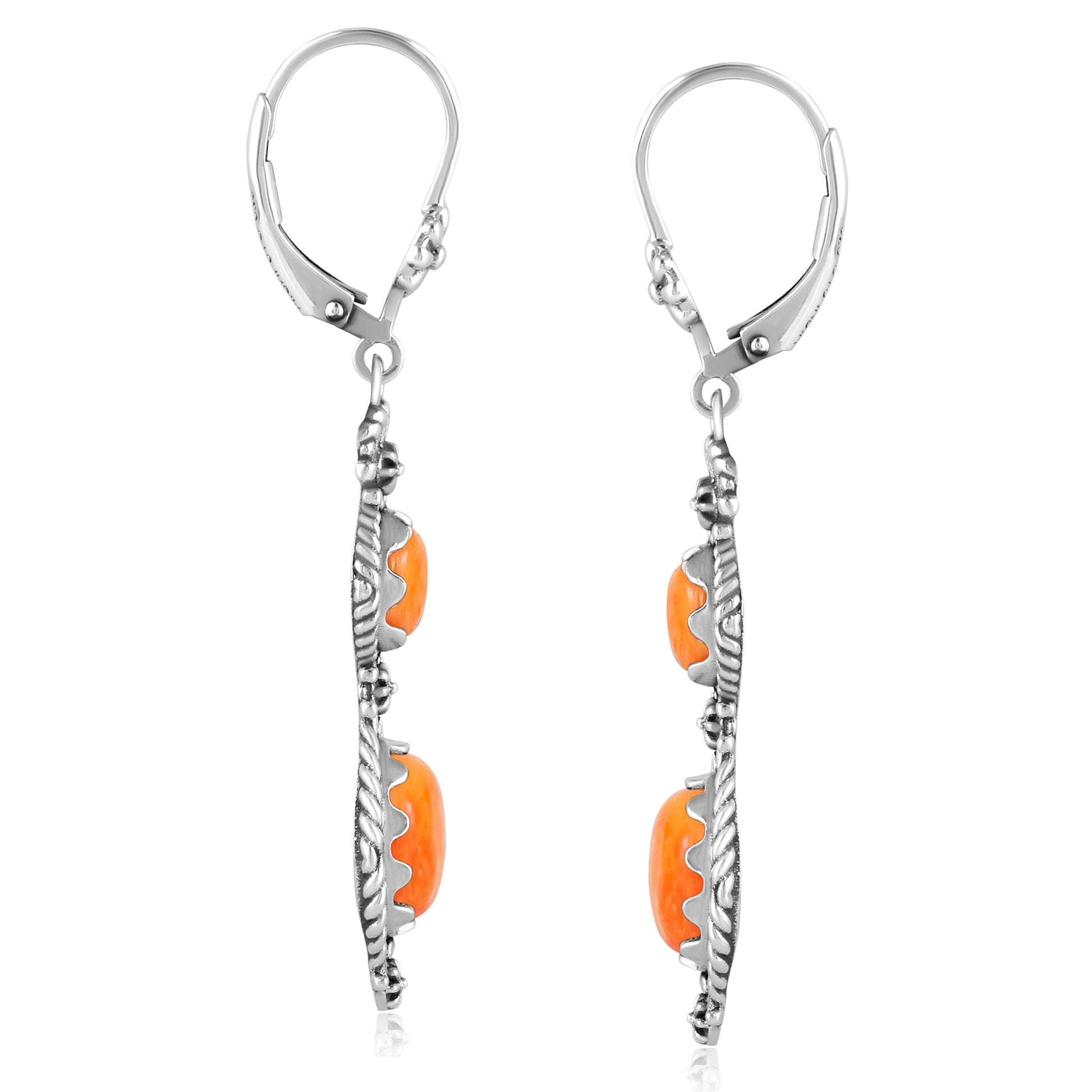 Sterling Silver Orange Spiny Oyster Oval Cut Dangle Earrings