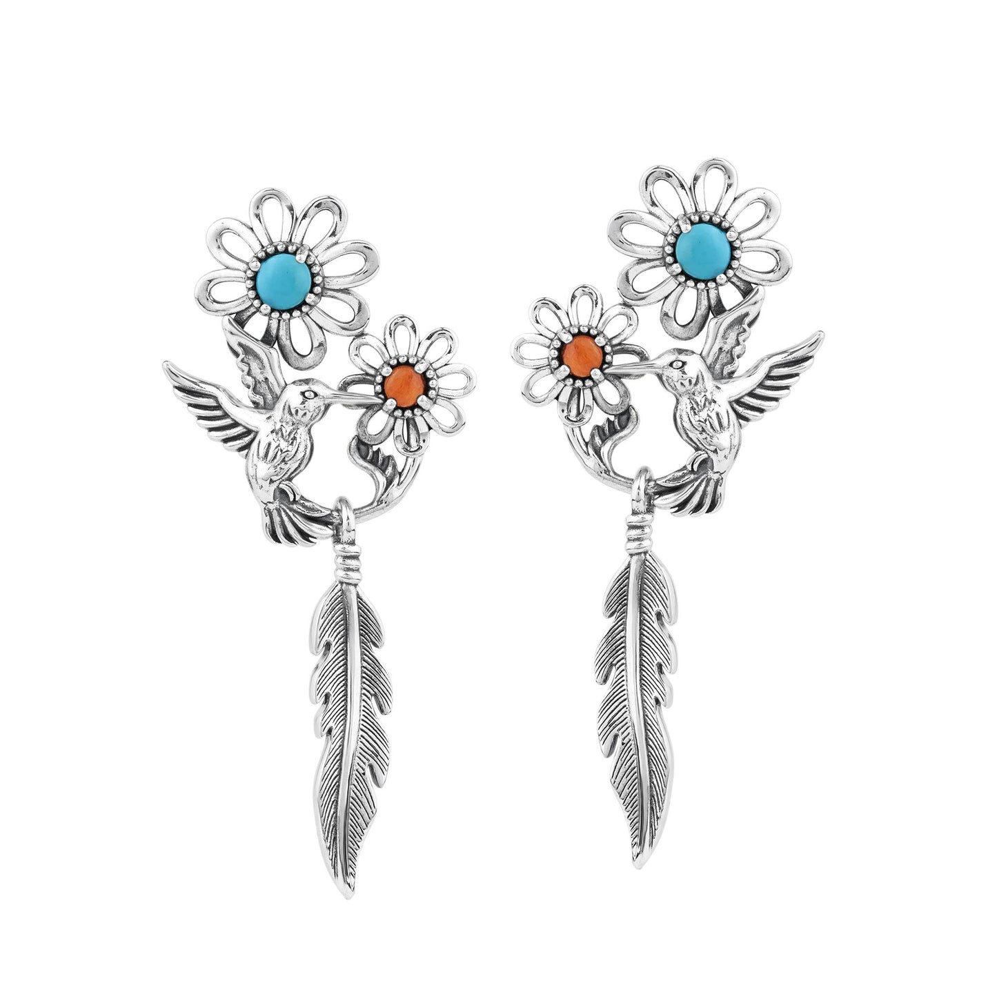 Sterling Silver Kingman Turquoise and Orange Spiny Oyster Fritz Casuse Hummingbird Flower Earrings 