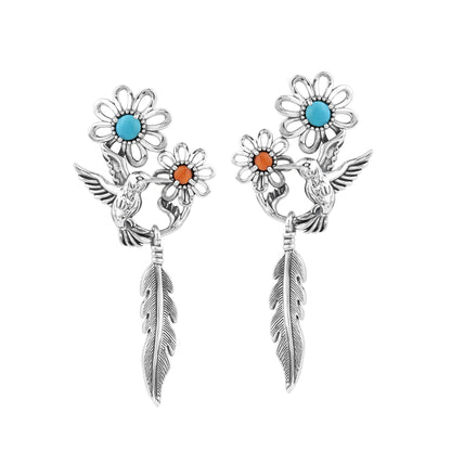 Sterling Silver Kingman Turquoise and Orange Spiny Oyster Fritz Casuse Hummingbird Flower Earrings 