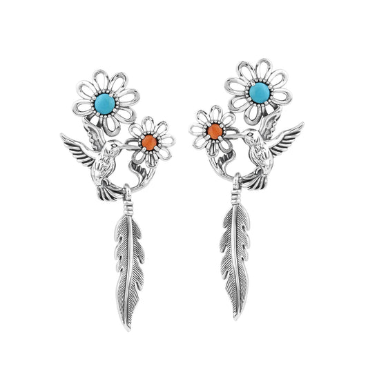 Sterling Silver Kingman Turquoise and Orange Spiny Oyster Fritz Casuse Hummingbird Flower Earrings 