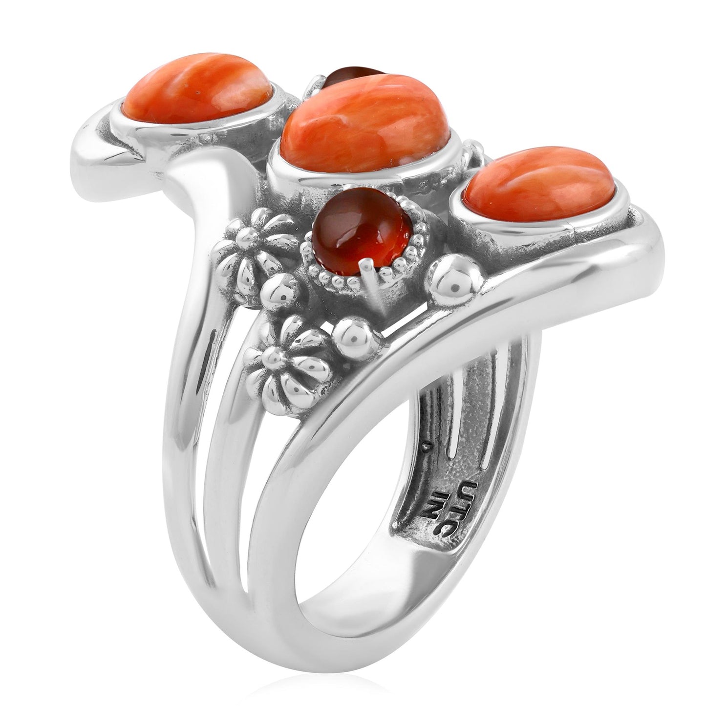 Sterling Silver Orange Spiny Oyster and Red Onyx Freeform Bypass Ring
