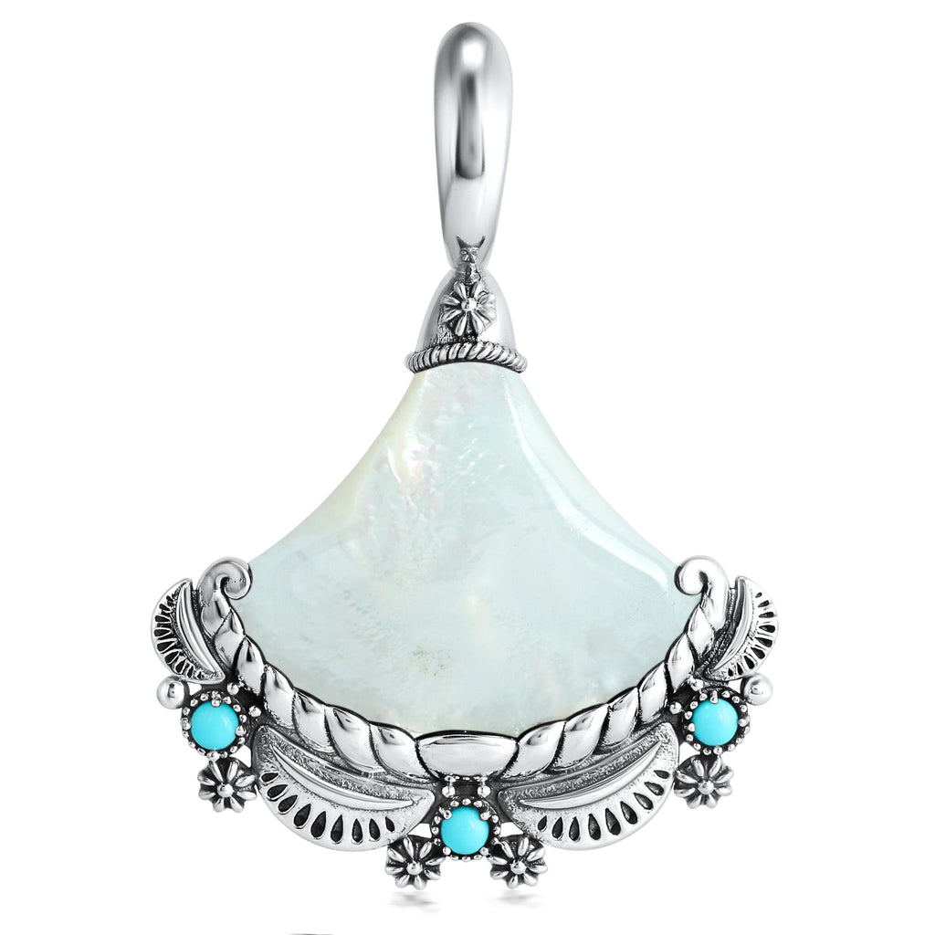 Sterling Silver White Mother of Pearl and Sleeping Beauty Turquoise Fan Pendant Enhancer