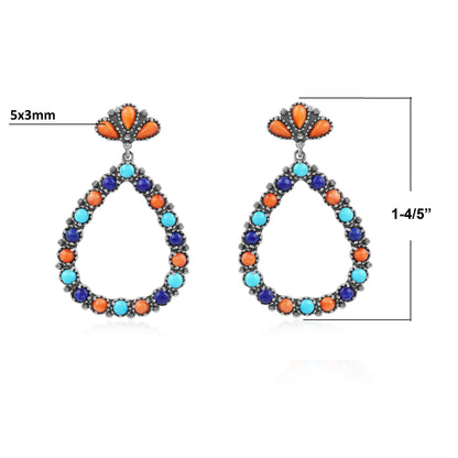 Sterling Silver Orange Spiny Oyster, Turquoise and Lapis Teardrop Post Back Earrings