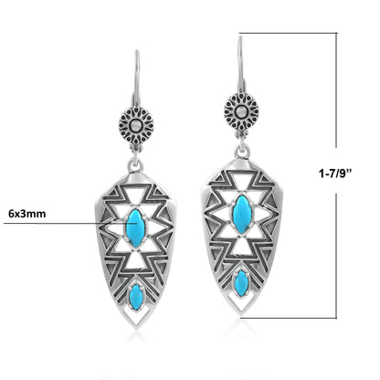 Sterling Silver Marquise Kingman Turquoise Patterned Lever Back Earrings 