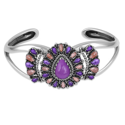 Sterling Silver Phosphosiderite, Rhodochrosite and Amethyst Pear-Shaped Cluster Cuff Bracelet