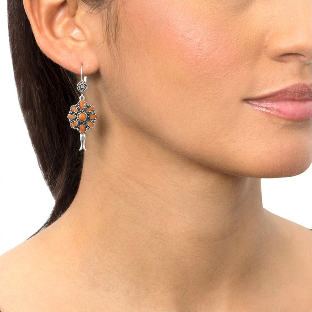  Sterling Silver Orange Spiny Oyster Flower Cluster Squash Blossom Earrings