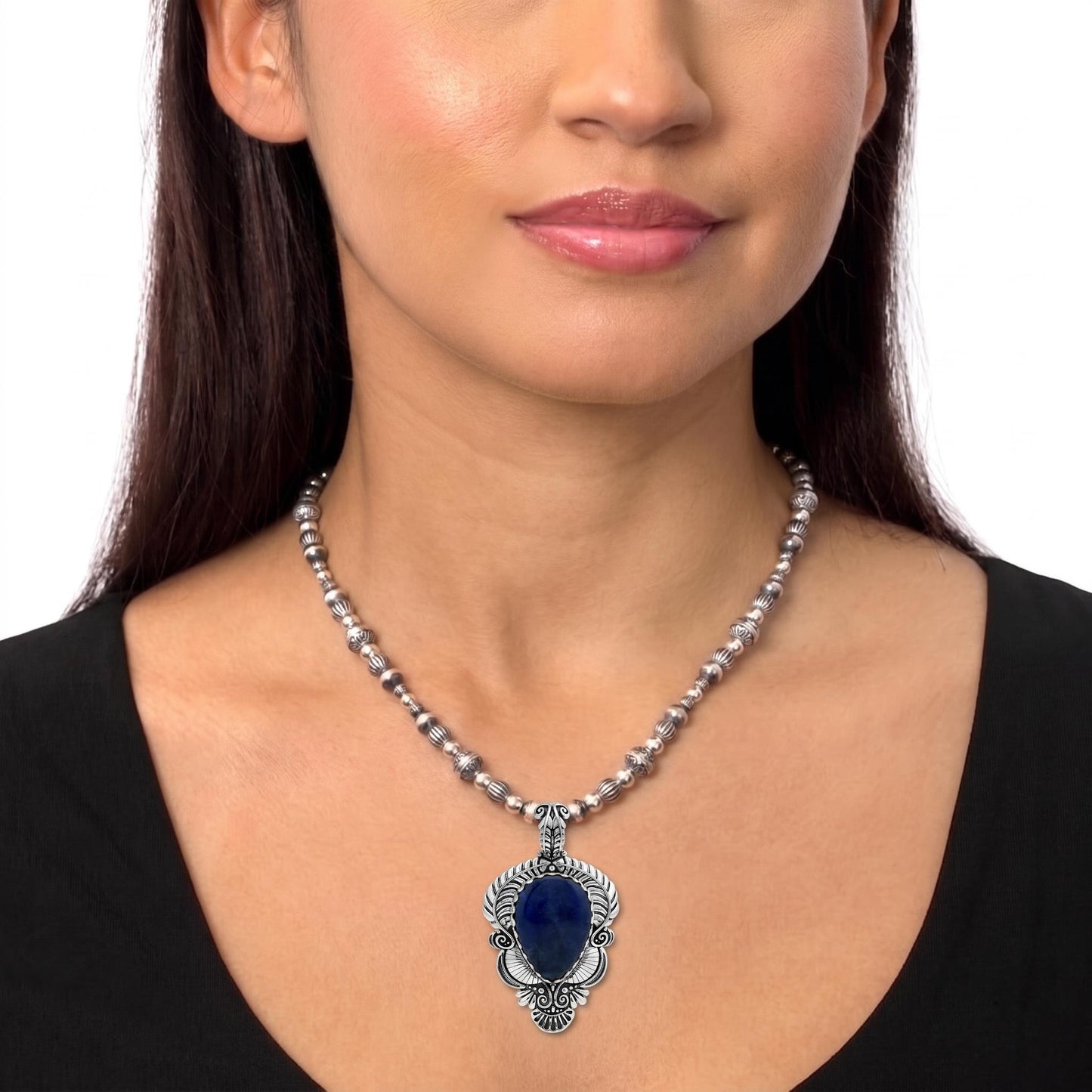 Sterling Silver Sodalite Pear Gemstone Leaf Pendant Enhancer 