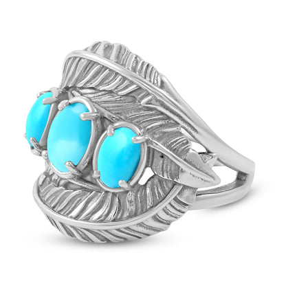 Sterling Silver Sleeping Beauty Turquoise Three-Stone Oval Cut Feather Ring, Sizes 5 to 11